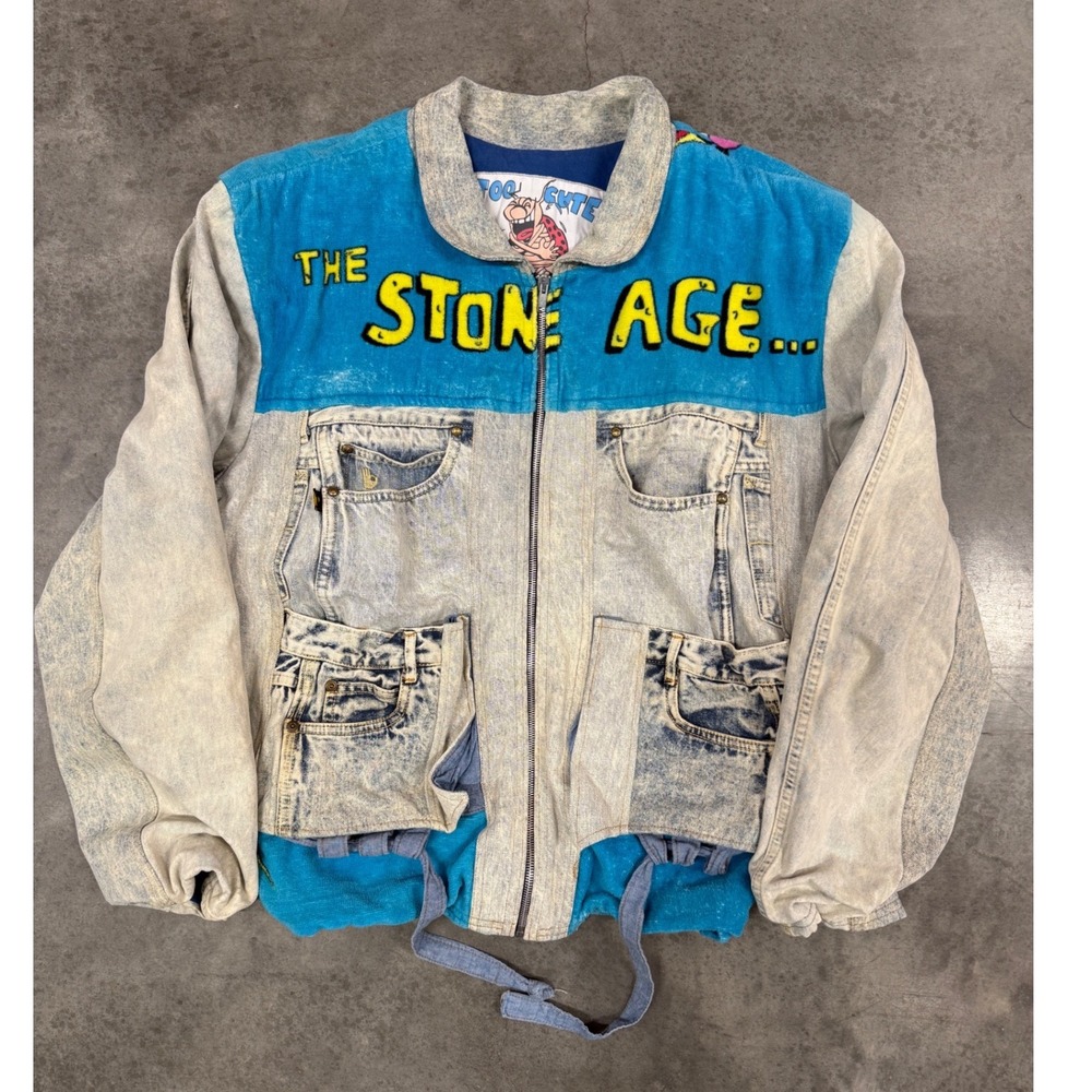 Too Cute Flintstones Mens Large Levis Patchwork Denim Jacket Acid Wash 90s